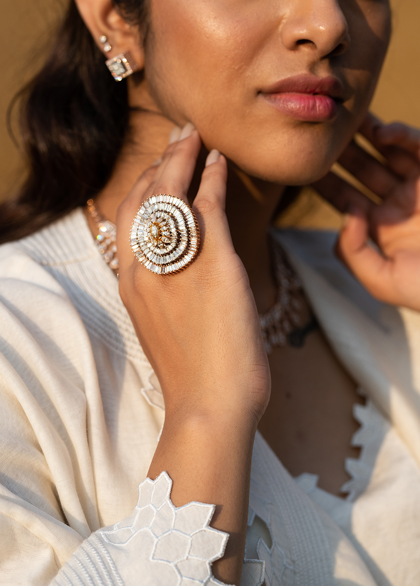 Baguette diamond & marquise diamond ring, fringe diamond necklace & diamond earrings by BR Designs at Lakme Fashion Week