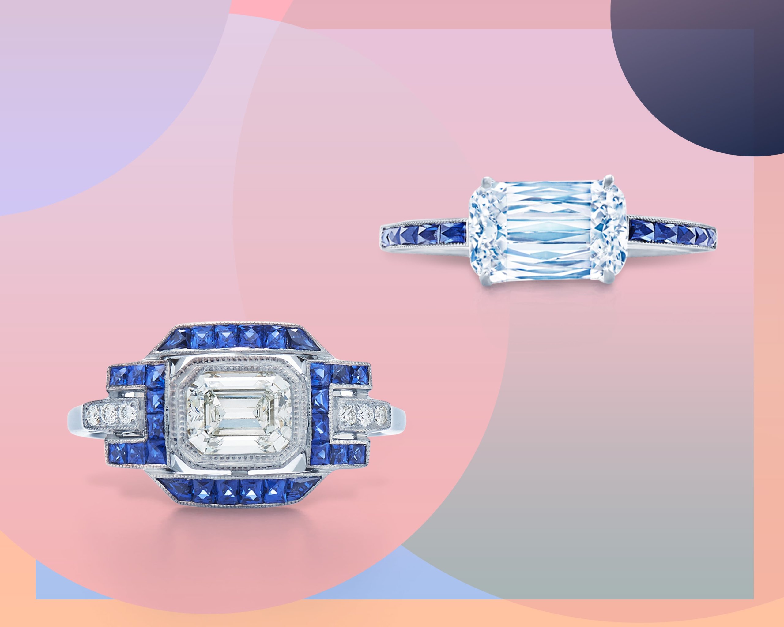 Ashoka cut & emerald cut diamonds haloed by pave sapphires within an east west engagement ring on a platinum band from Kwiat