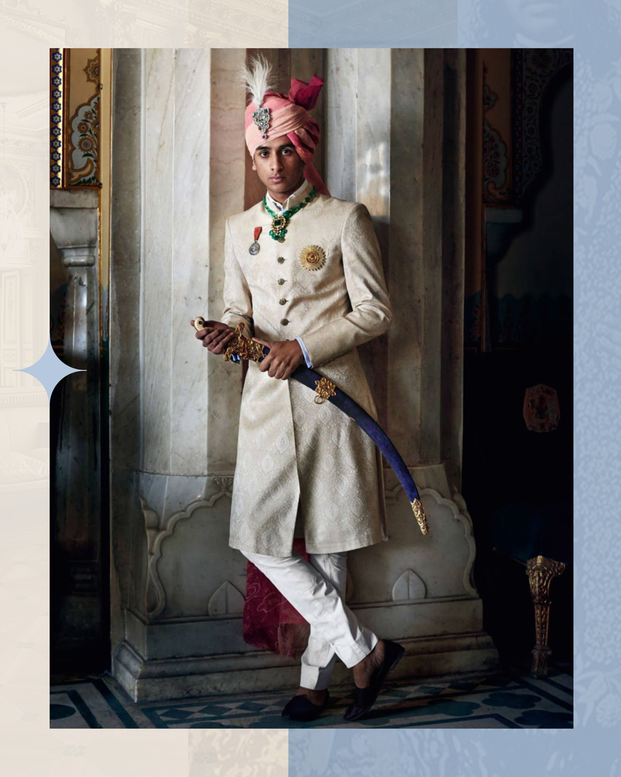 His Highness Padmanabh Singh, Prince of Jaipur, wearing his family heirloom, a diamond-studded brooch