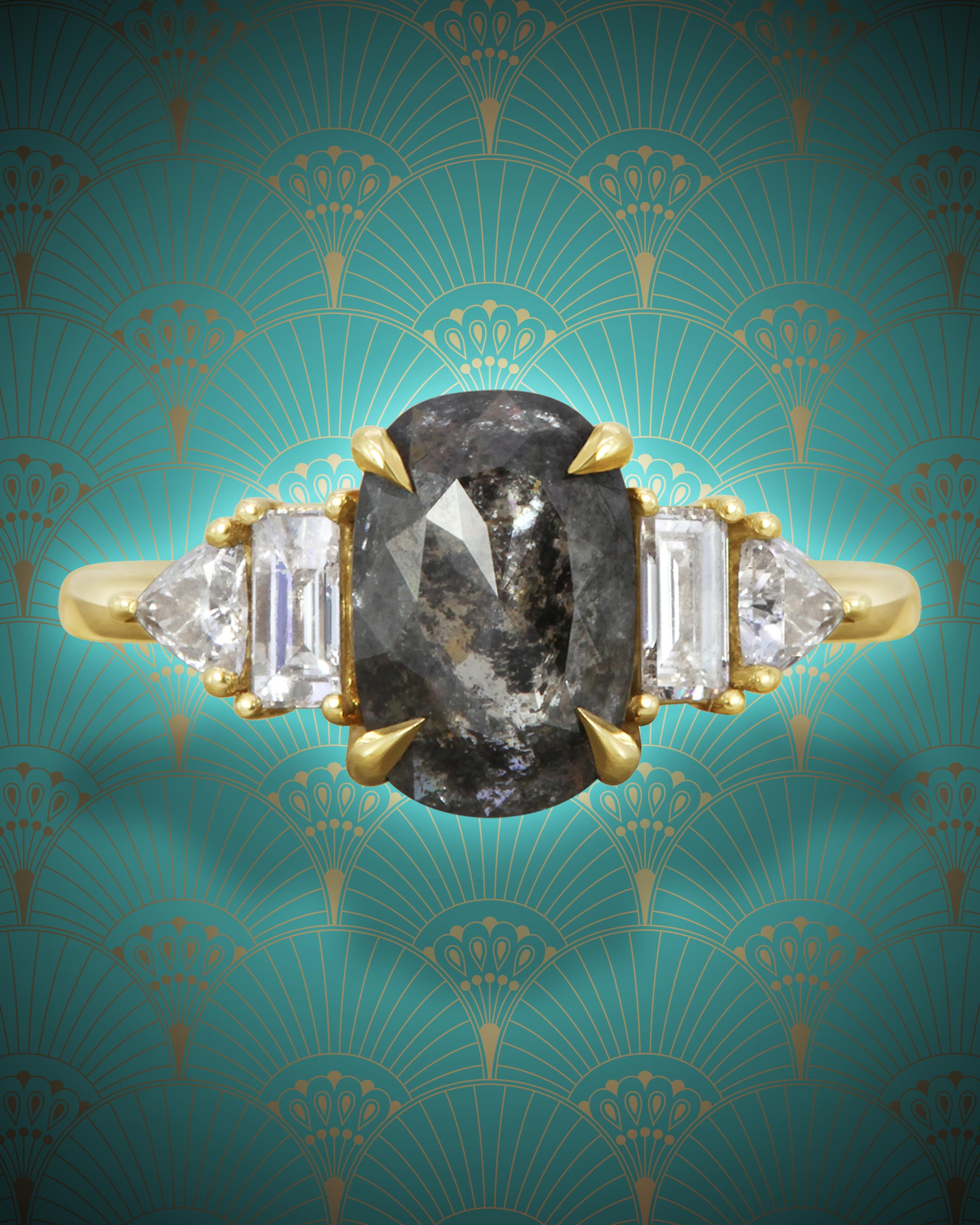 Salt & pepper diamond Art Deco ring hugged by trilliants and baguette diamonds on a yellow gold band from Michelle Oh