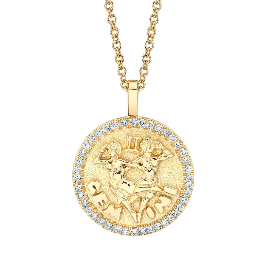 Gemini Zodiac Coin Pendant with Diamond Frame