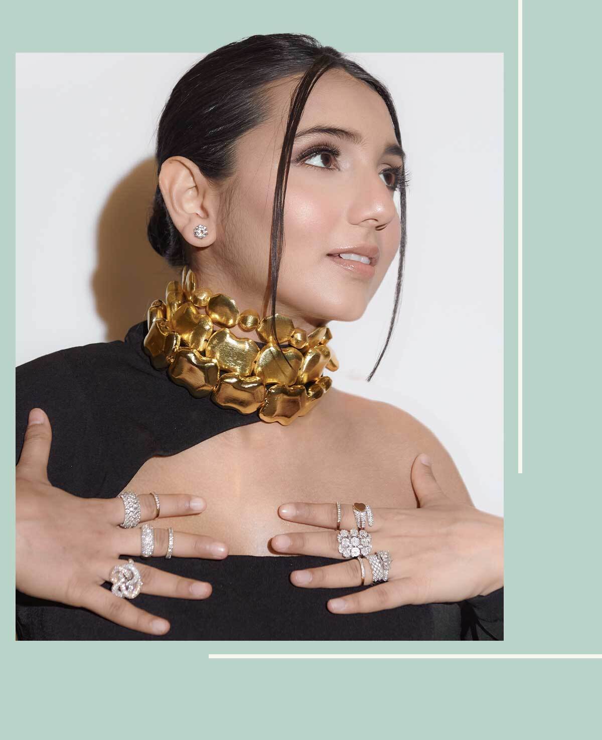 Masoom Minawala Adorning a Stack of Dainty and Statement Natural Diamond Rings 