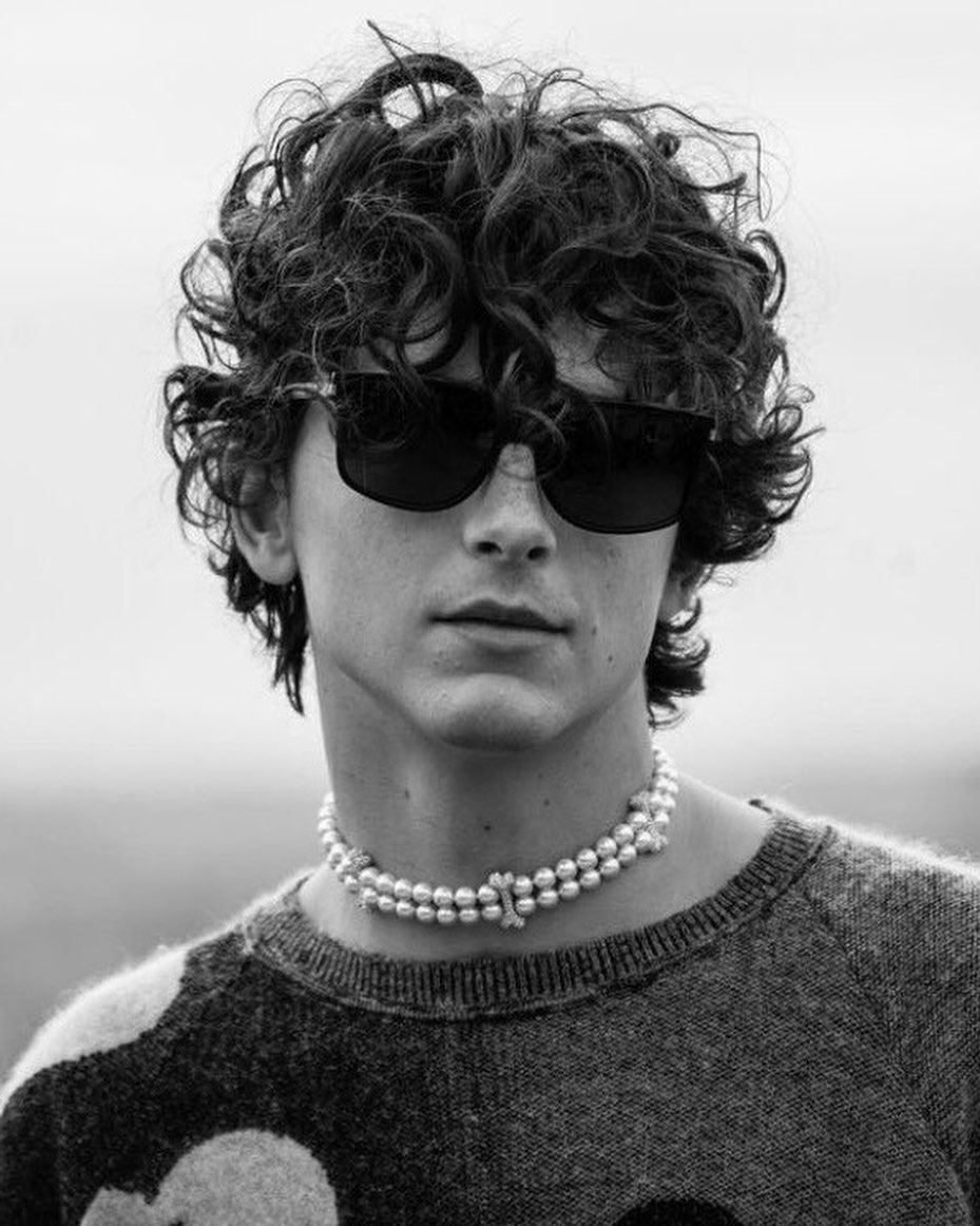 Timothee Chalamet wearing a pearl choker with diamond bone details