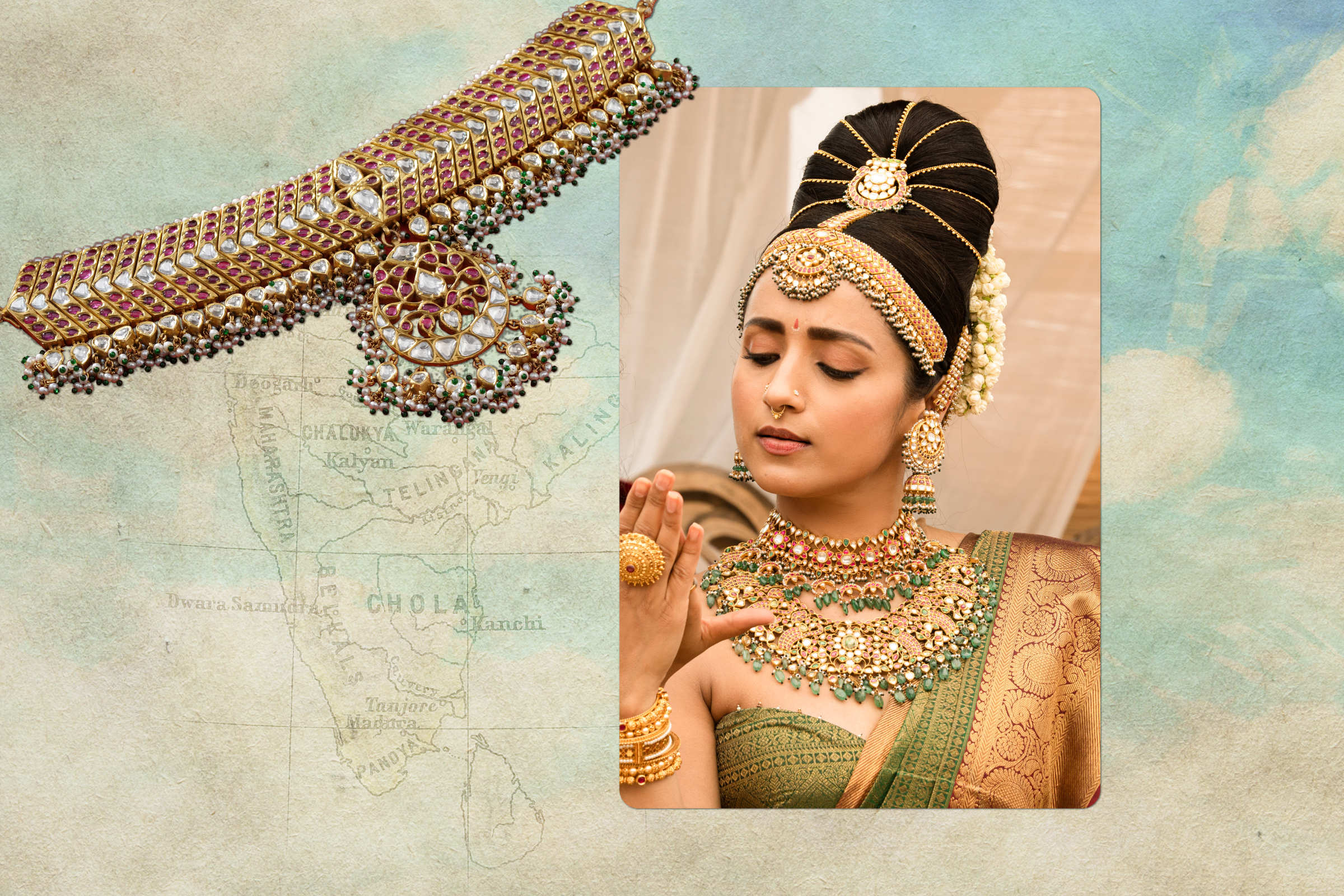 Intricate necklace with floriated patterns, depicting the mythical annapakshi bird and goddess Lakshmi