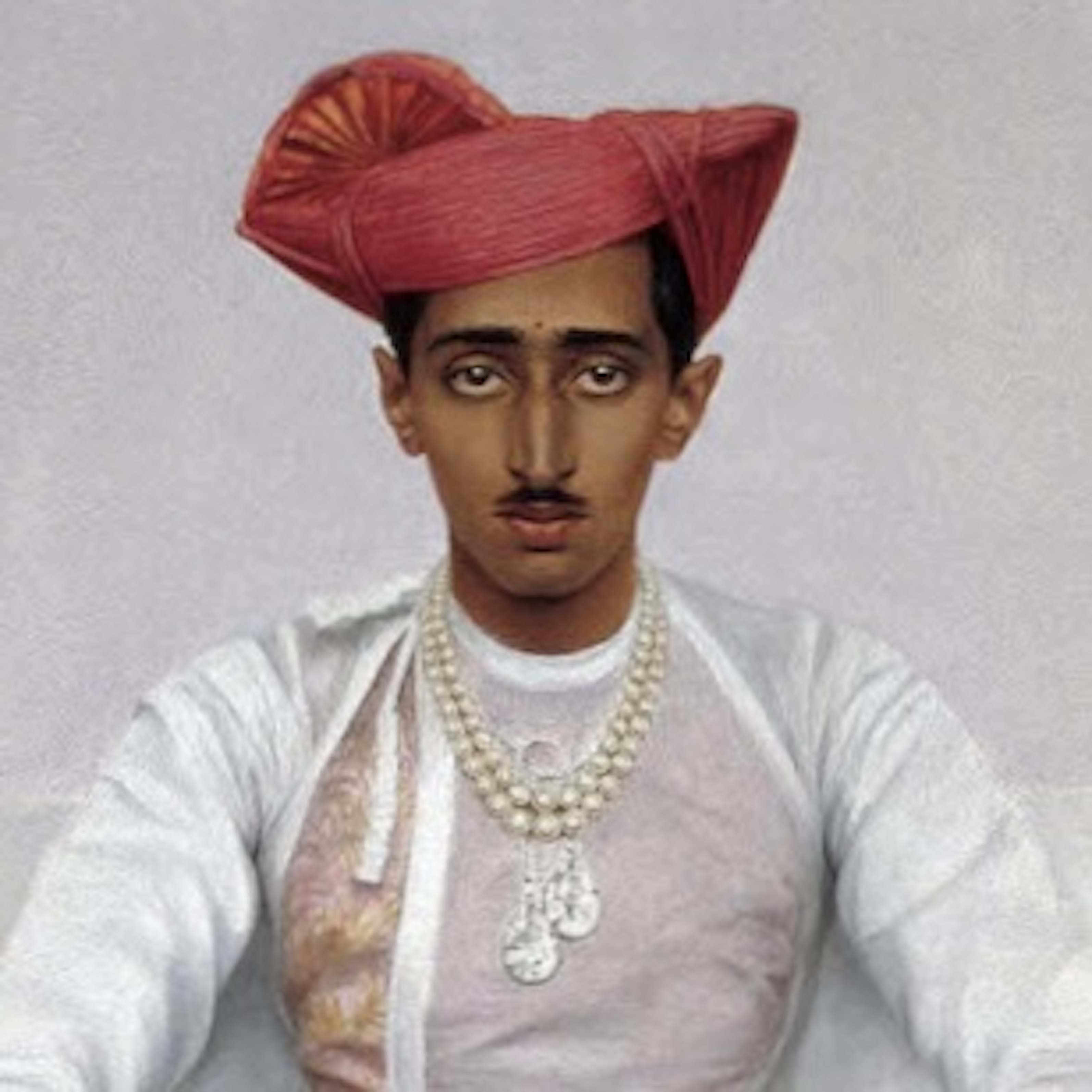 Oil-on-canvas painting by Bernard Boputet de Monvel, circa 1933-34, depicting Yashwant Rao Holkar II wearing the Chaumet necklace with  Indore Pear diamonds