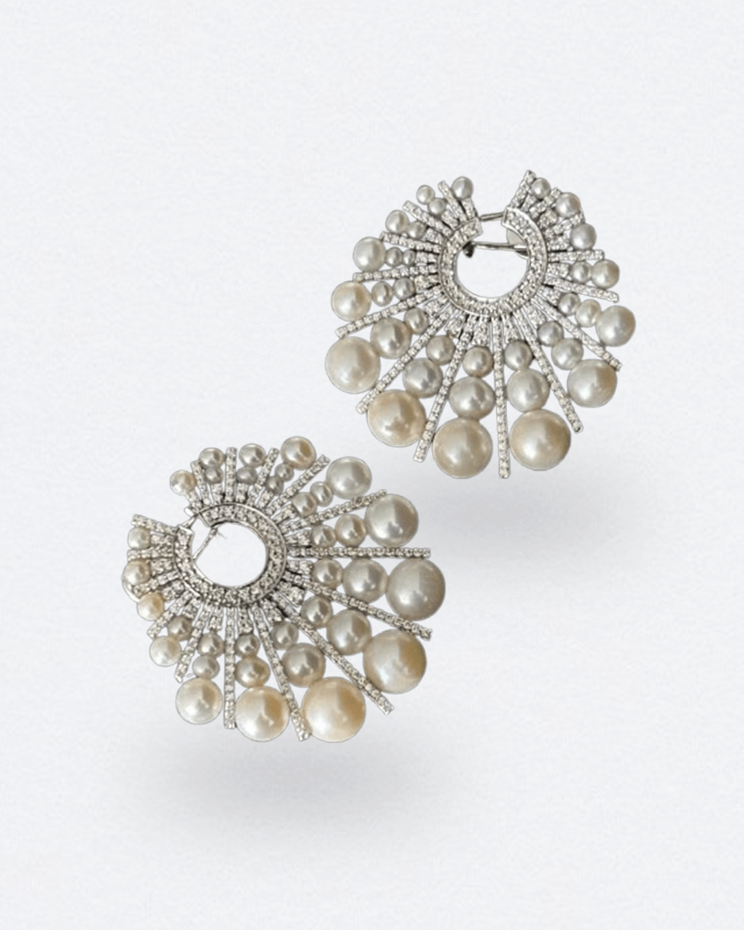 Art-deco style diamond and pearl stud earring